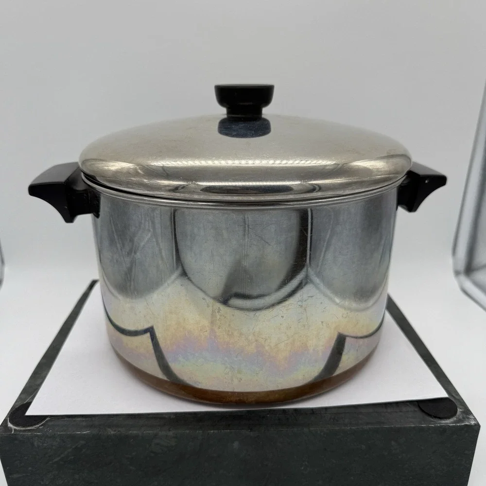 Vintage Revere Ware Copper Bottom Stock Pot w/ Lid USA Clinton IL Large 6 Qt